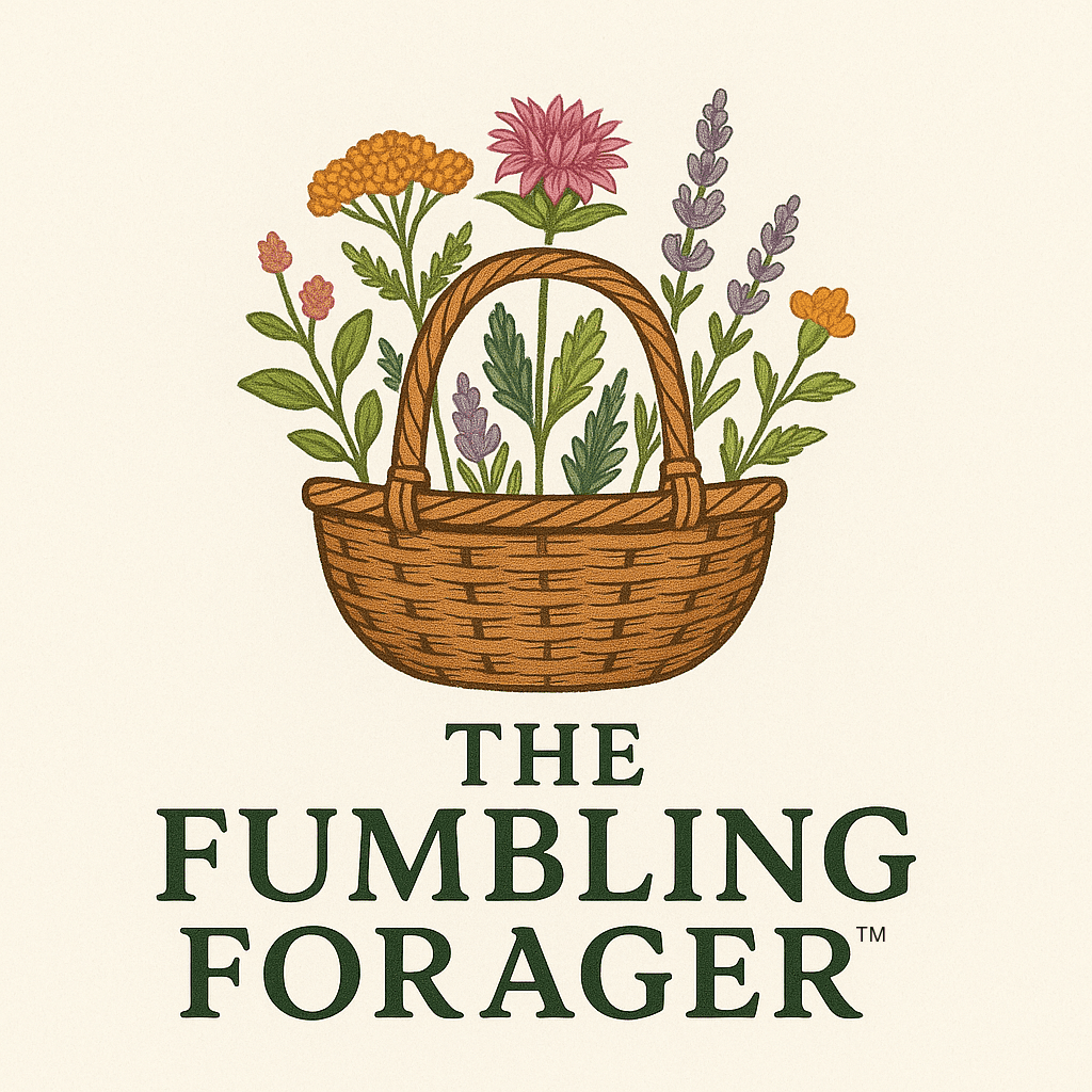 The image is a logo for "The Fumbling Forager" and features a wicker basket filled with flowers. The basket is woven in a ...